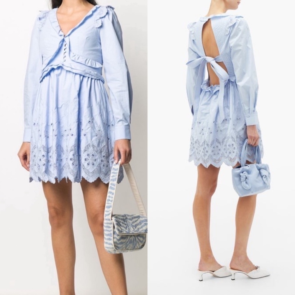 Nwt Self Portrait Cotton Broderie A-Line Mini Dress Light Blue 0